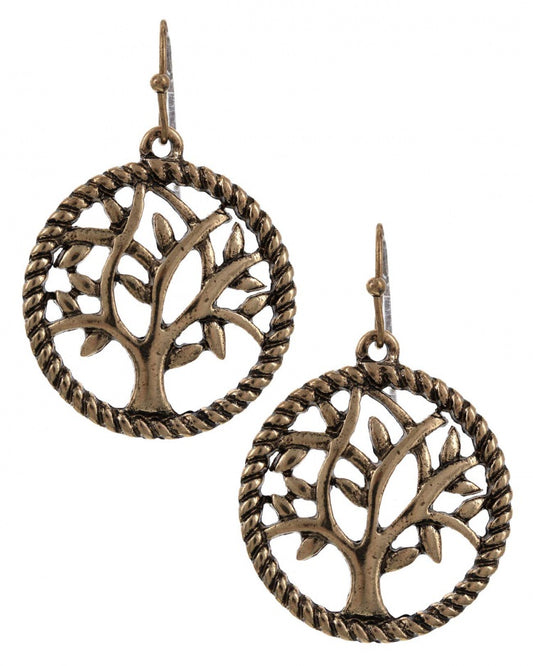 Gold burnished Tree of Life inside a circle drop Earring set