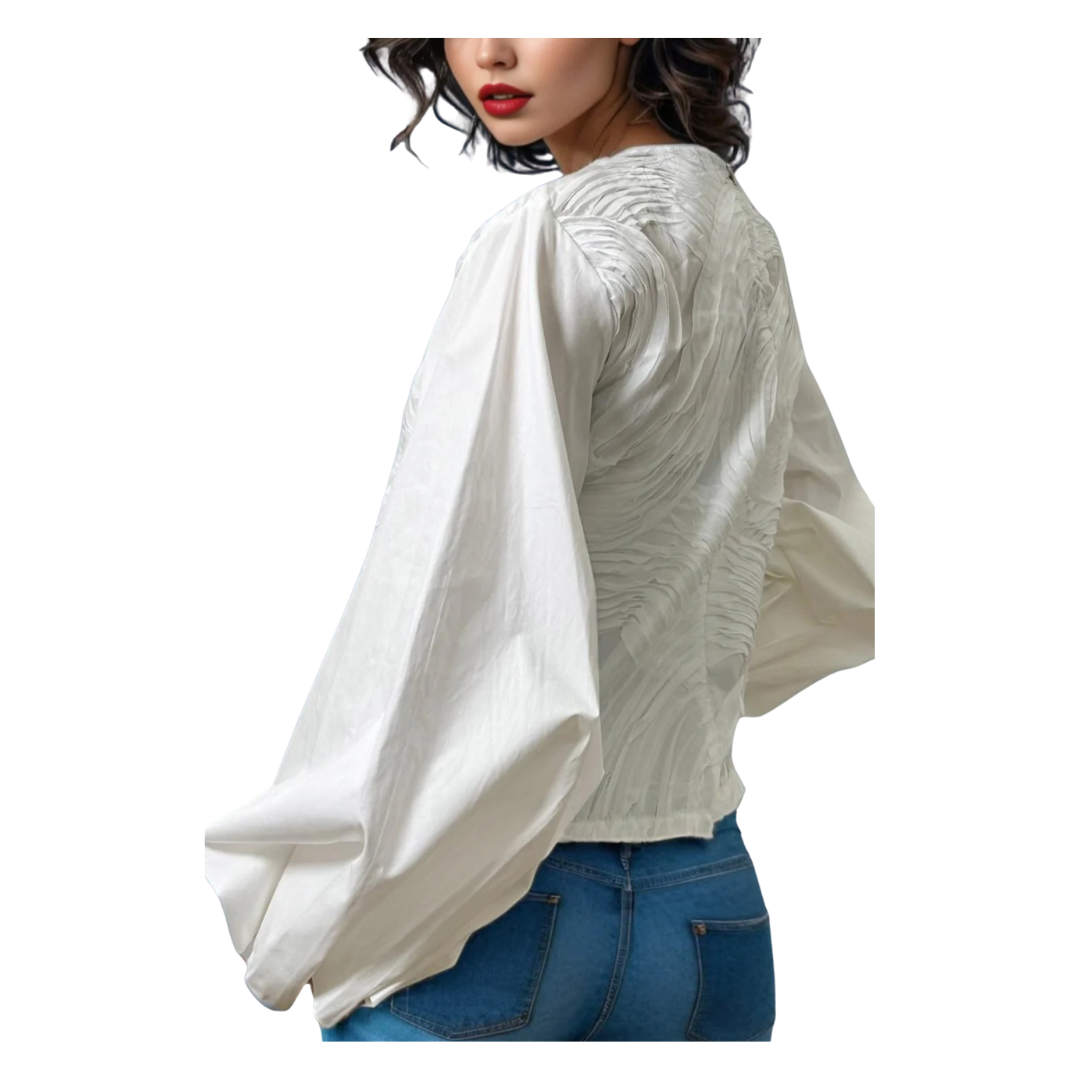 White Sculpted Elegance Lantern Sleeve Top