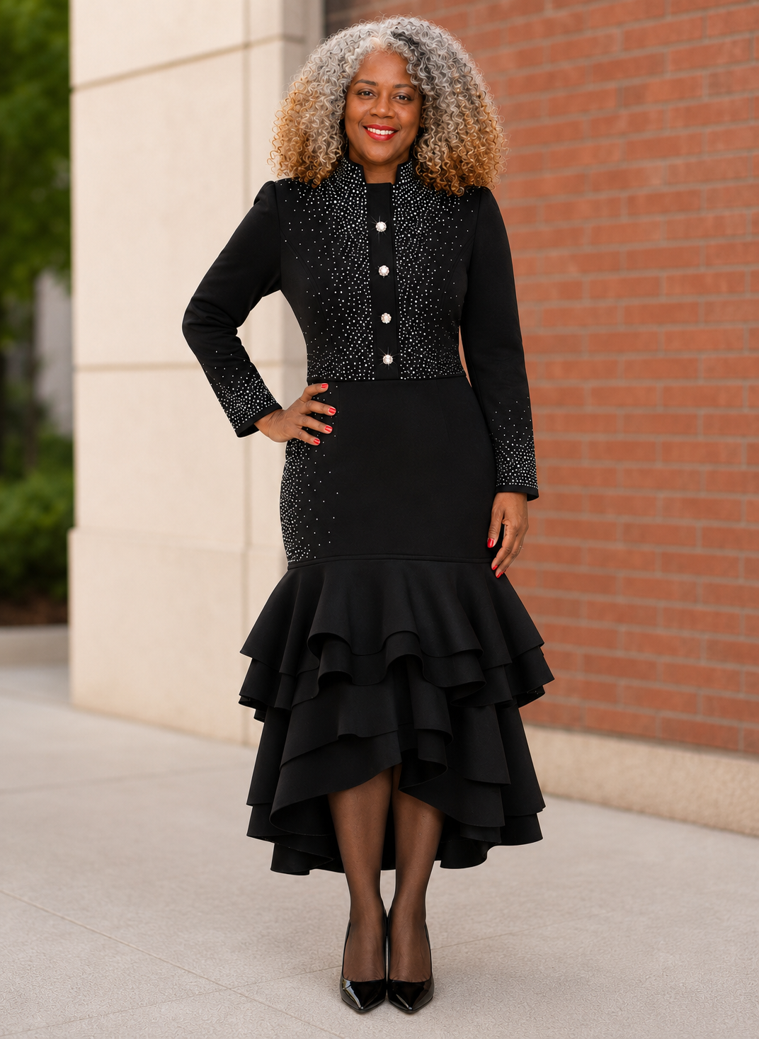 Women's Black Rhinestone Ruffle Hem Church Dress