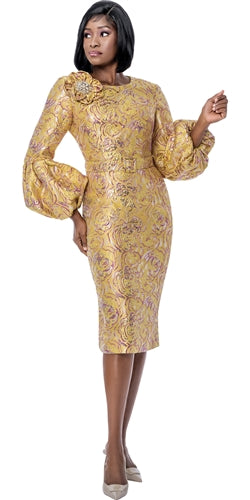 Yellow and Purple Brocade Puff Sleeve Belted Dress with Brooch