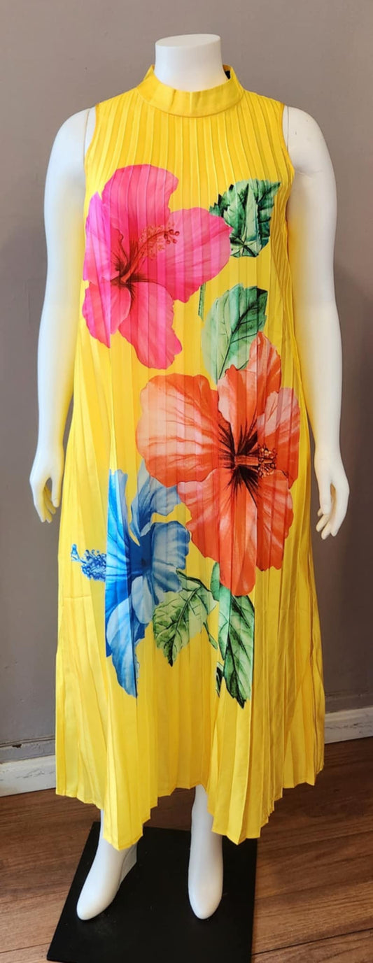 Golden Bloom Yellow Pleated Midi Dress