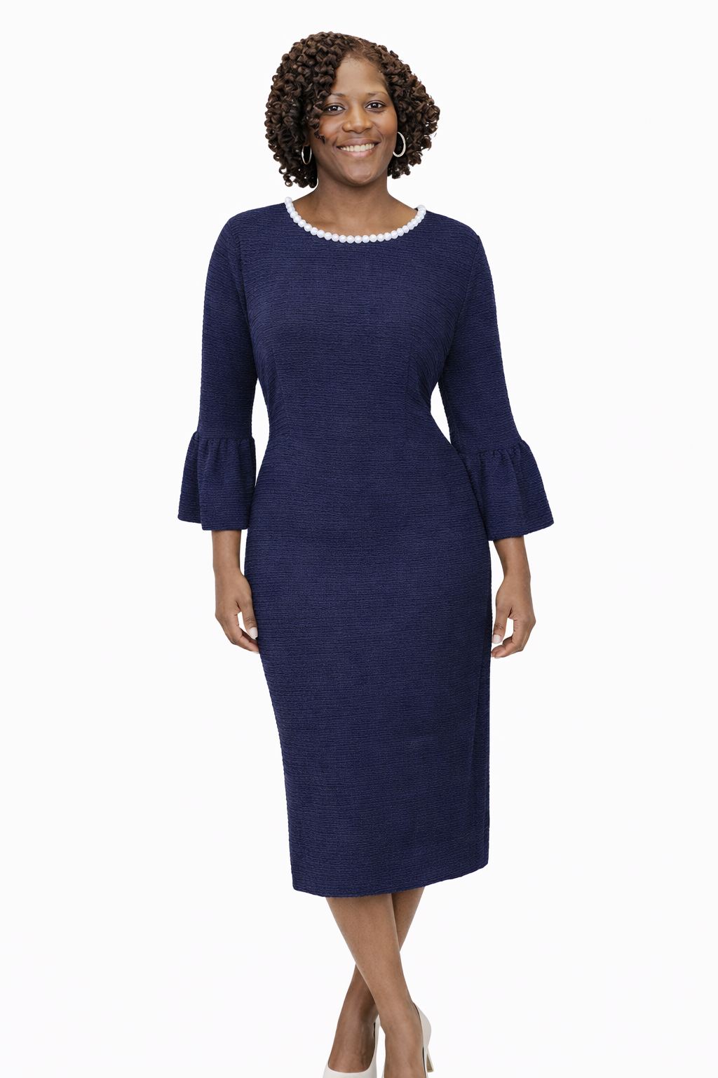 Navy Blue Dress with Pearl Embellished Neckline and Bell Sleeves 12
