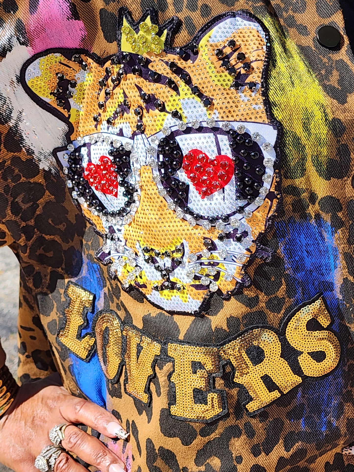 Leopard Print Sequin Denim Tunic Jacket