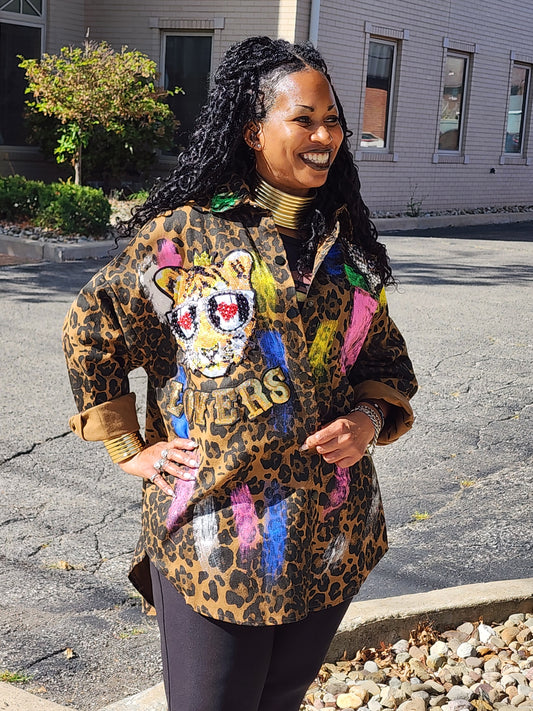 Leopard Print Sequin Denim Tunic Jacket