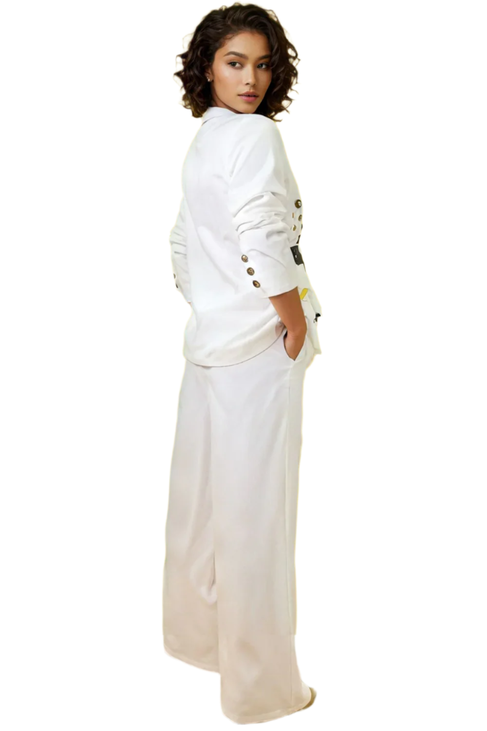 White Embellished Power Set with Ruched Sleeves