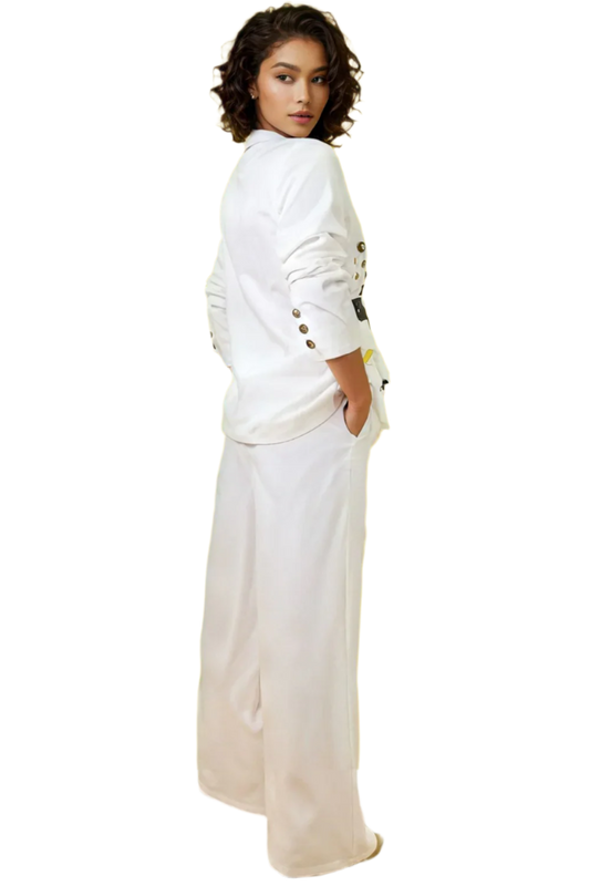 White Embellished Power Set with Ruched Sleeves