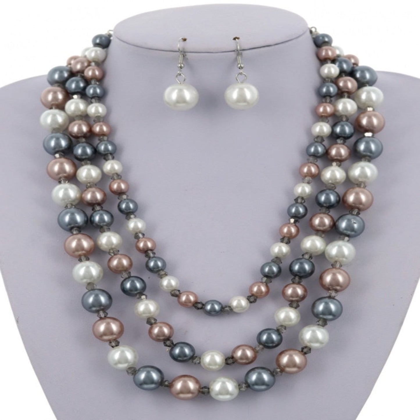 3 Strand/variety size Pearl and Glass necklace and earring set