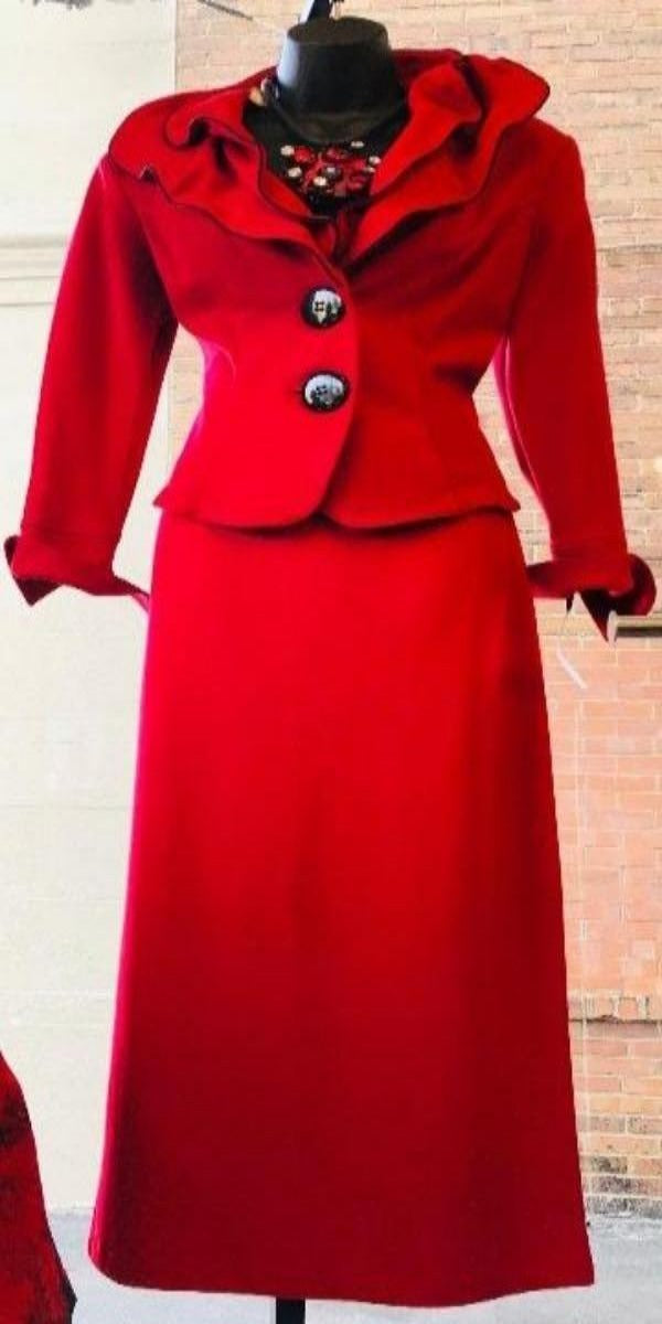Red Two Piece Skirt Suit With Wired Collar Trimmed in Black