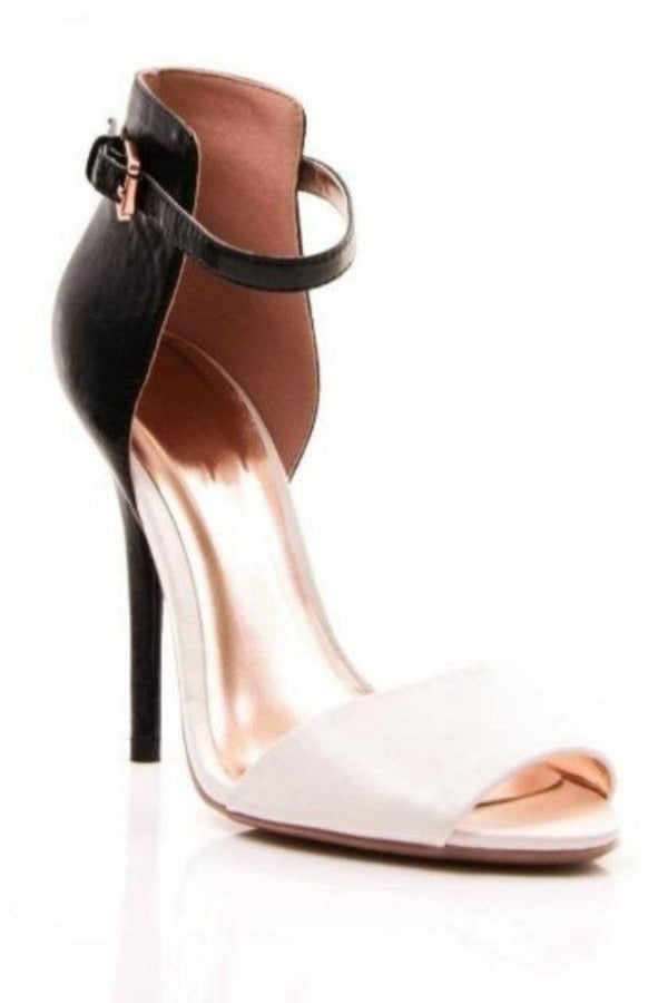 Black and White Open Toe Heel with ankle strap and a gold clasp