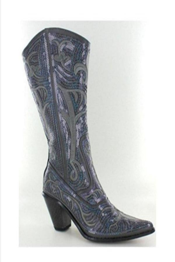 Grey Sequin Embroidered Bling Western Boots with Zipper Closure