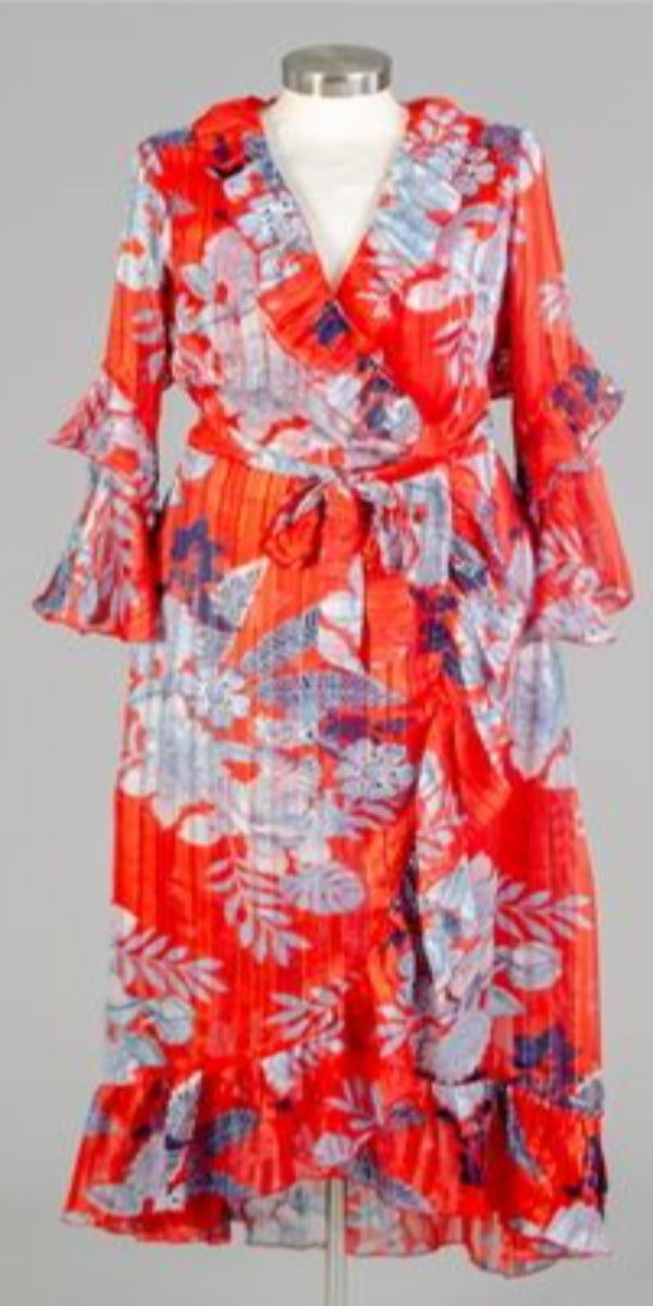Red Floral Faux Wrap Dress