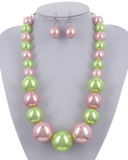 Pink and Green Pearl necklace and earring set