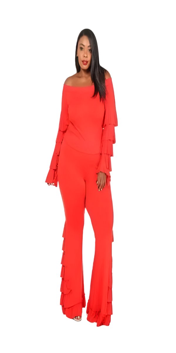 Sexy Red Two-Piece Pant and off the Shoulder Top