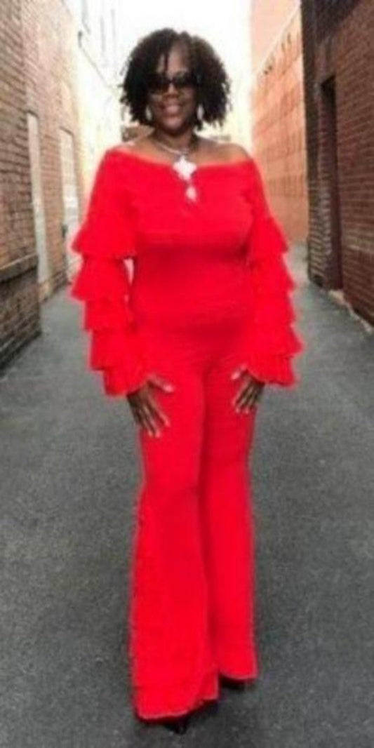 Red Two-Piece flared Pant set with off the Shoulder Top with ruffled sleeves