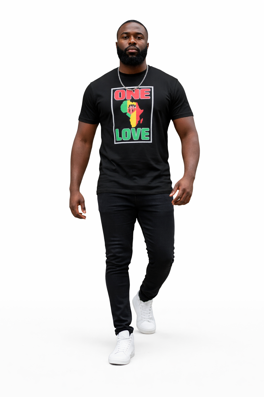 man wearing a black t-shirt with the words one love and an image of africa