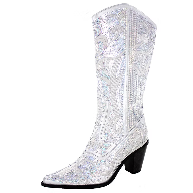Red Blue Tall Sequin Embroidered Bling Western Boots with Zipper Closure