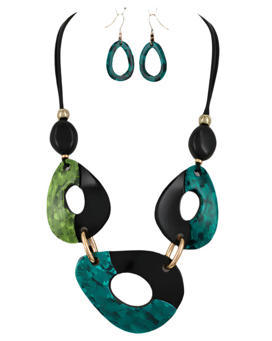 Statement Black, Green, Teal Long Necklace & Earring Set