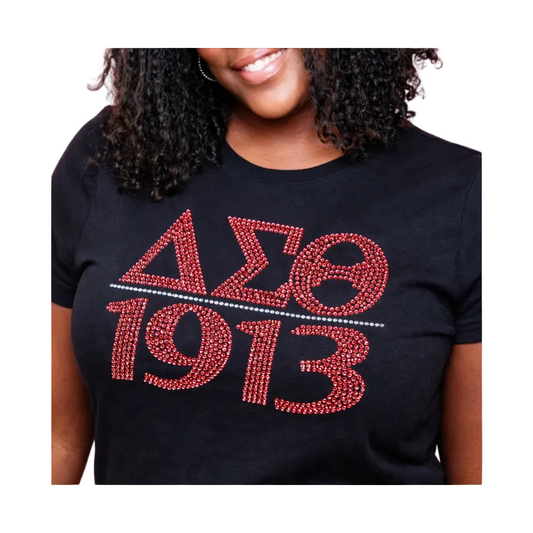 Person wearing a black t-shirt with red 'Delta Sigma Theta 1913' text.