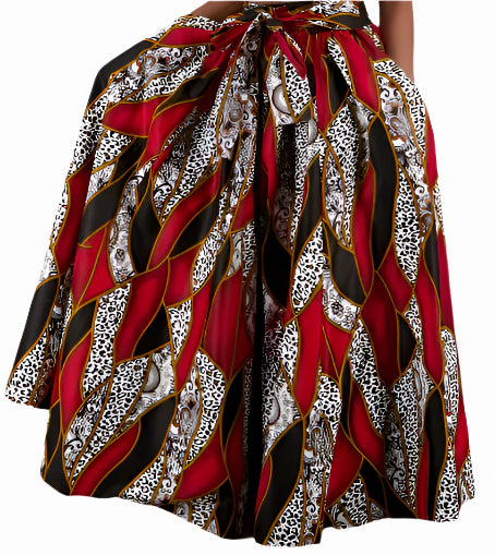 Red Black and White African Print Maxi Skirt