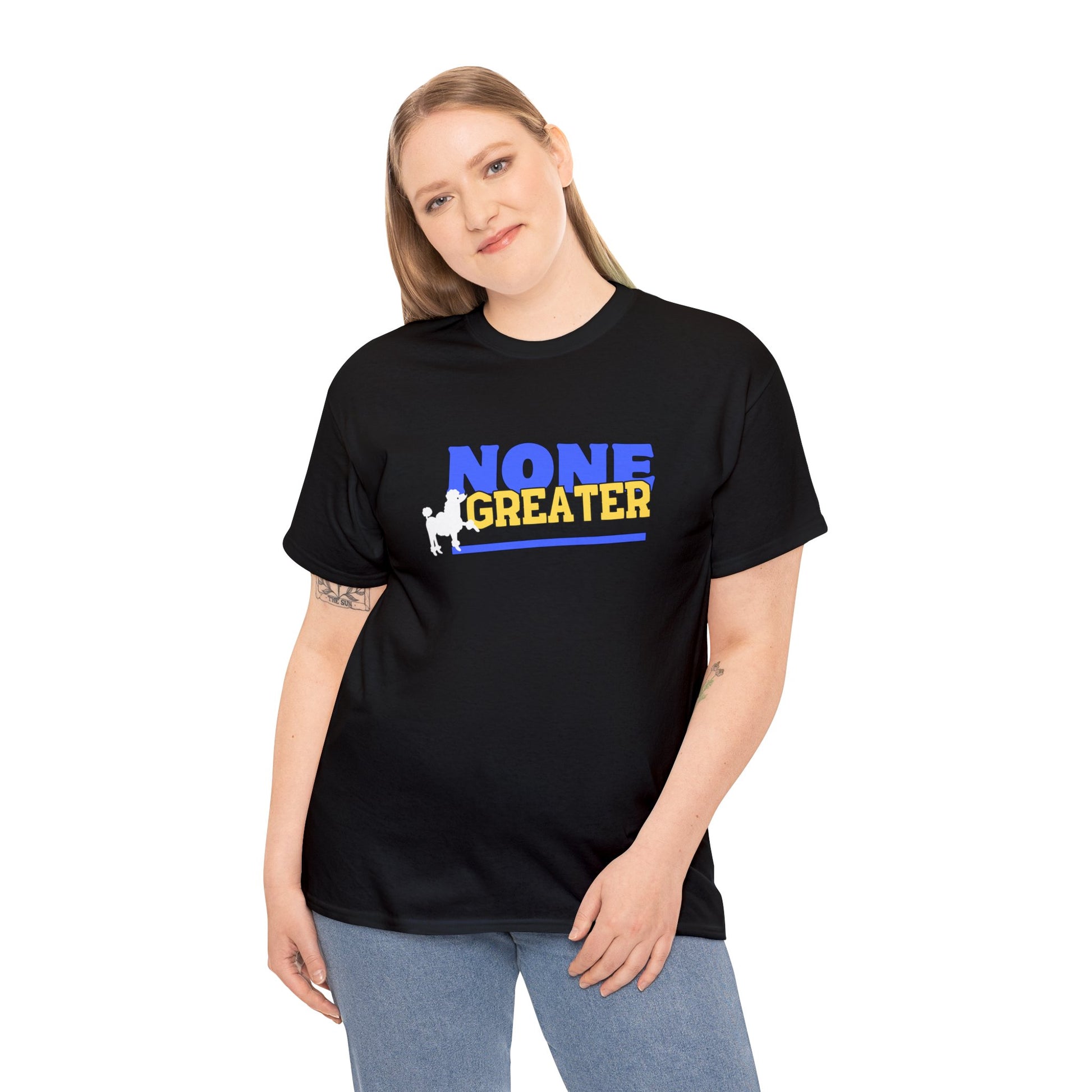 Black Unisex Heavy Cotton Tee saying "None Greater" in Royal Blue and Gold w/a white dog