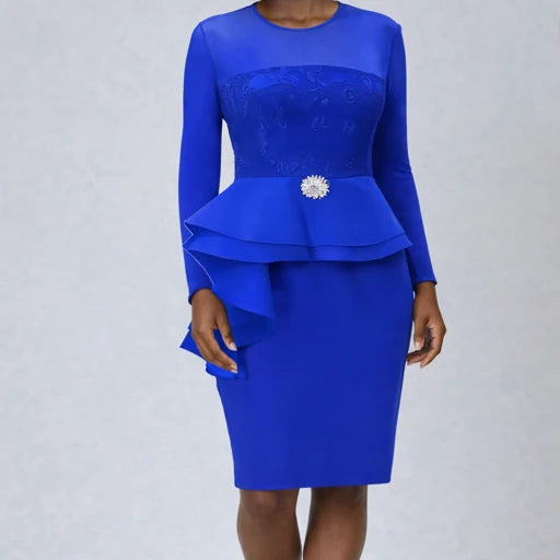 Royal Blue Embroidered Peplum Dress with Sheer Sleeves