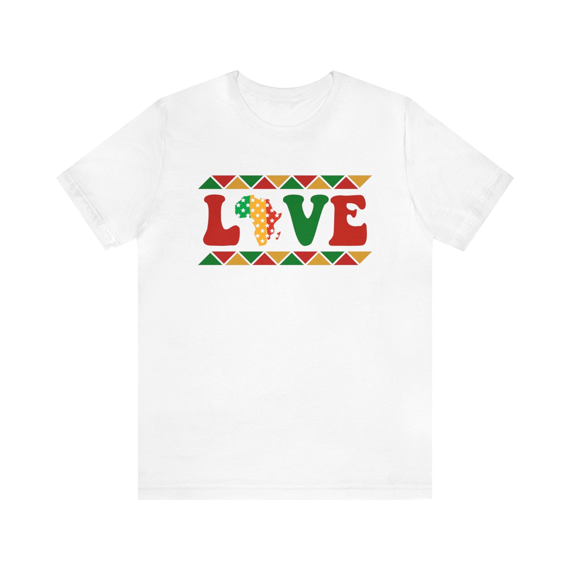 White Unisex Jersey Short Sleeve Tee saying "Love" done in colors Green, Yellow, and Red w/African Continent in place of O
