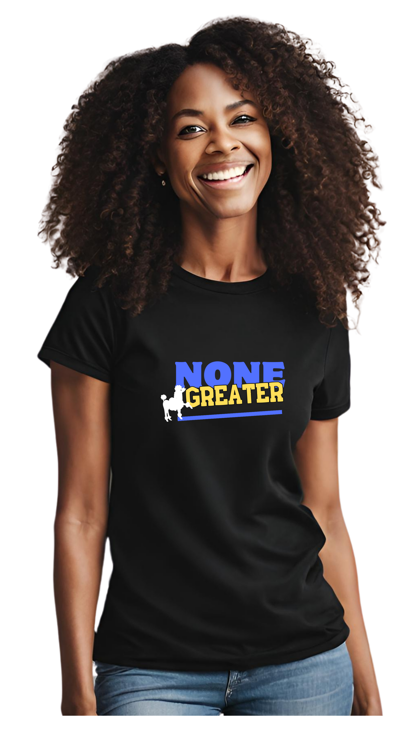 Black Unisex Heavy Cotton Tee saying "None Greater" in Royal Blue and Gold w/a white dog