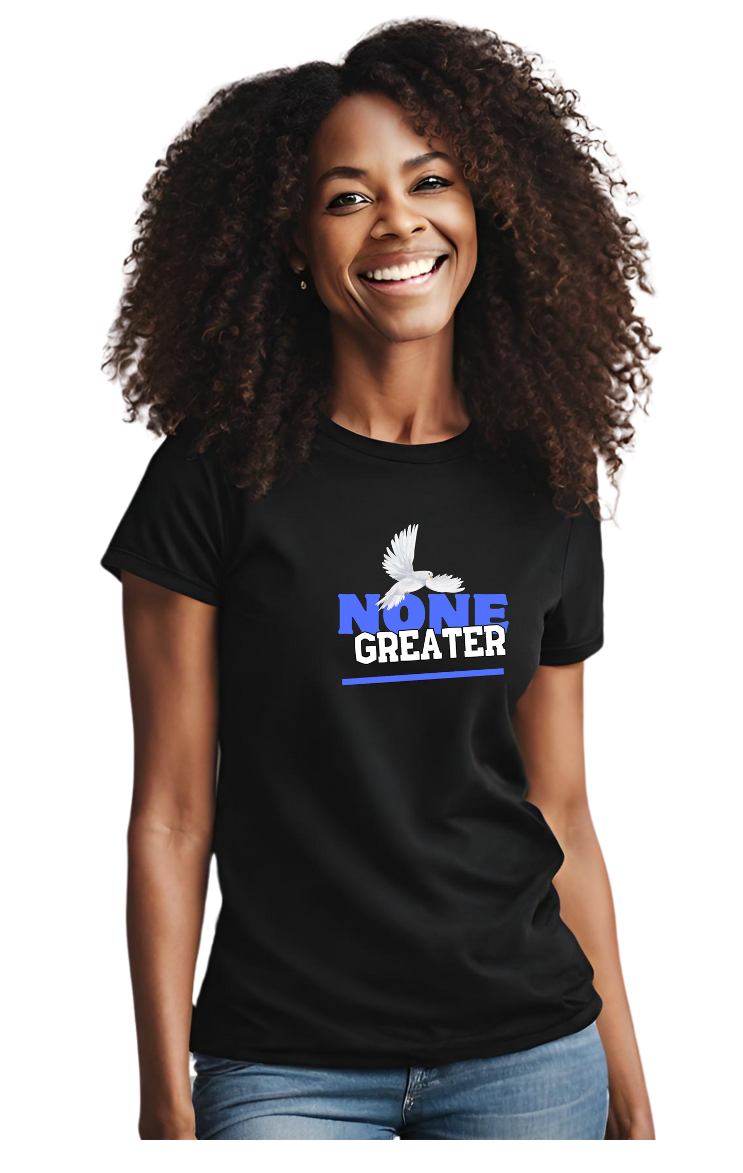 Black Unisex Heavy Cotton Tee w/White Dove, Royal Blue and White Letters saying "None Greater"