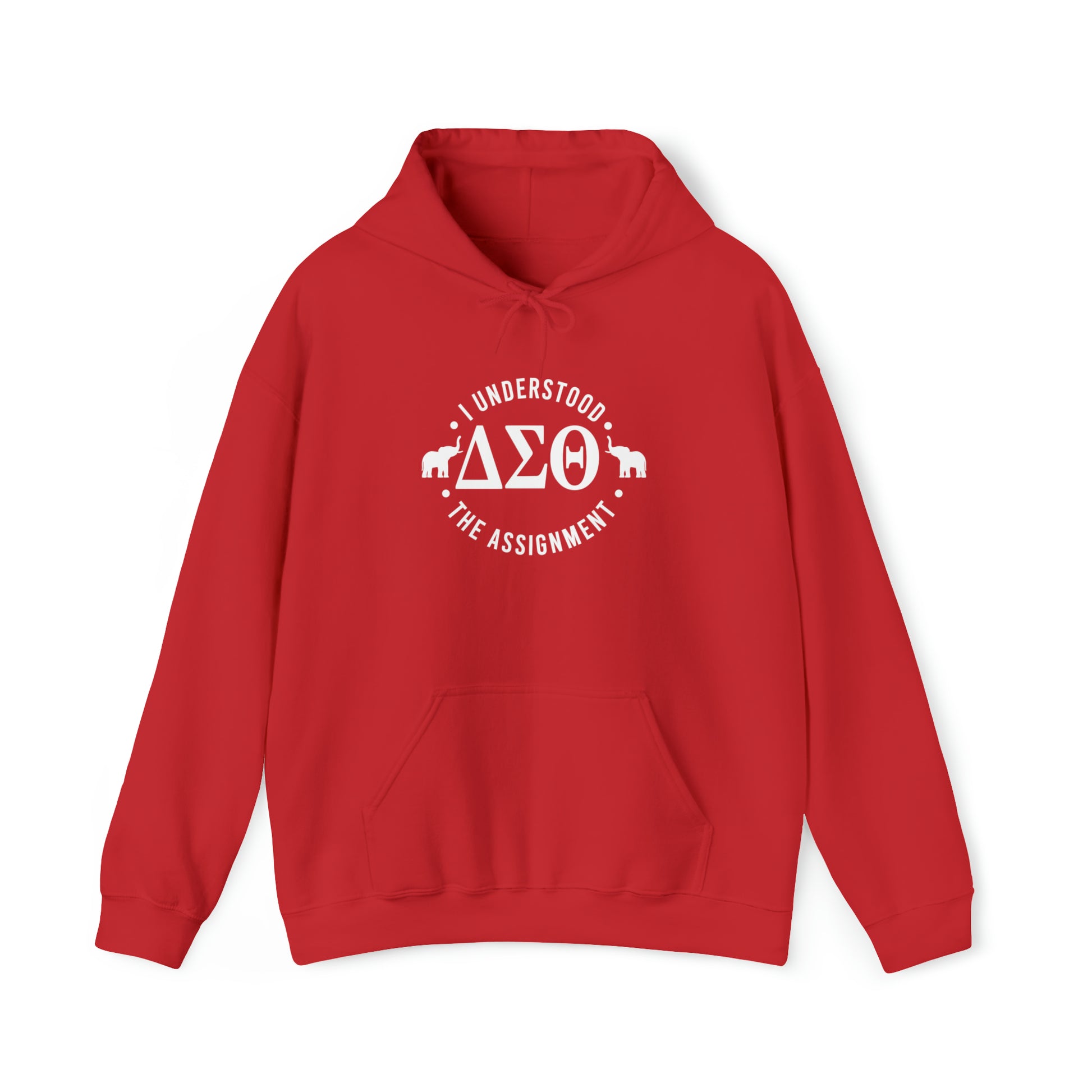 Red Heavy Blend Hooded Sweatshirt Delta Sigma Theta Sorority Red Sweatshirt with white writing, " I understood the assignment." with elephants & Greek letters
