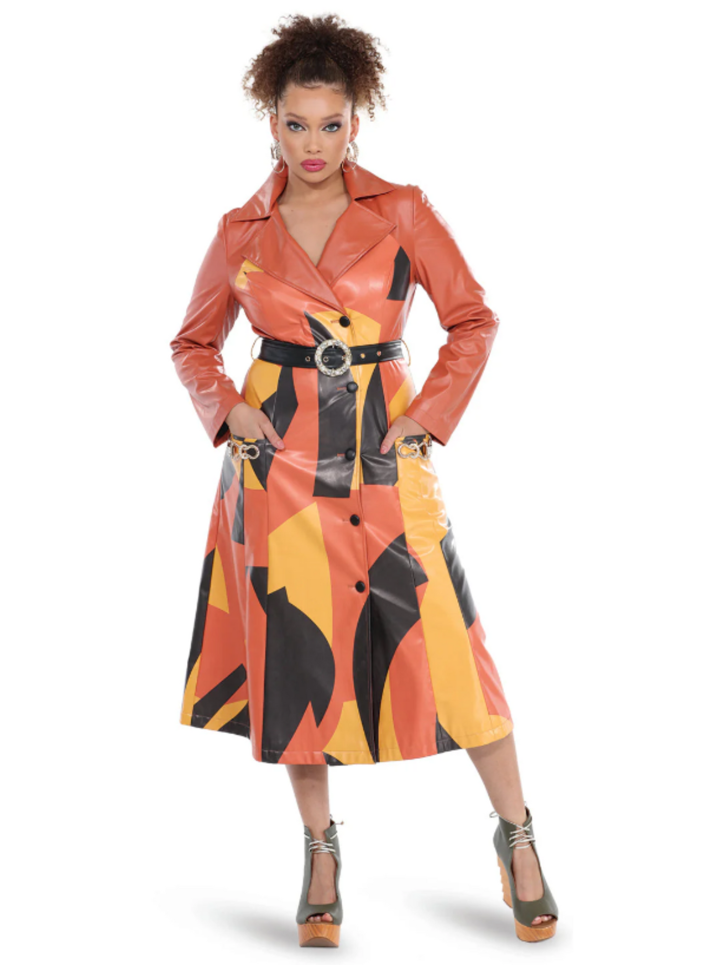 Multi-Color Vegan Leather Coat/Dress With Gold Hardware and Belt Included