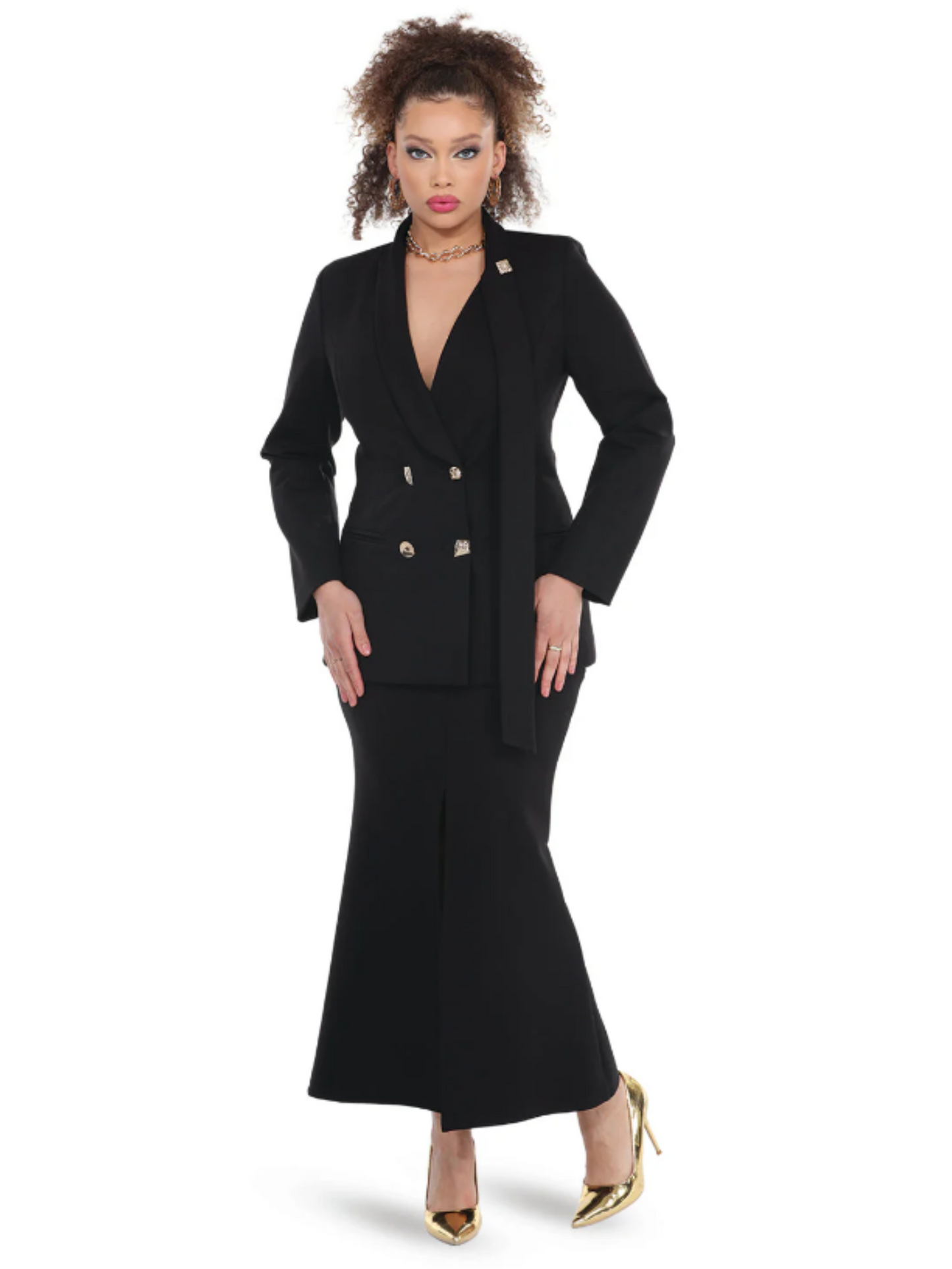 Soft Stretch Crepe Two-Piece Suit with Gold Buttons