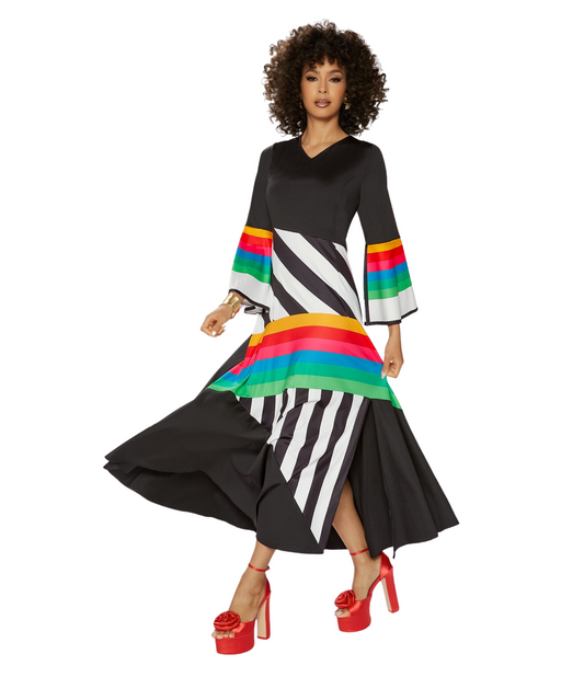 Black and Multi Color Long Sleeve Maxi Dress with slit