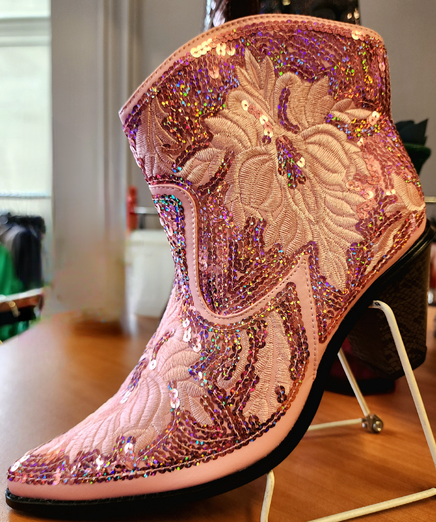 AKA 1908 pink Short Bling & Embroidered Boots with Zipper Closure