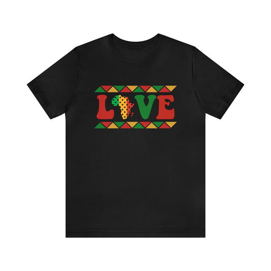 Black Unisex Jersey Short Sleeve Tee saying "Love" done in colors Green, Yellow and Red w/African continent in place of O