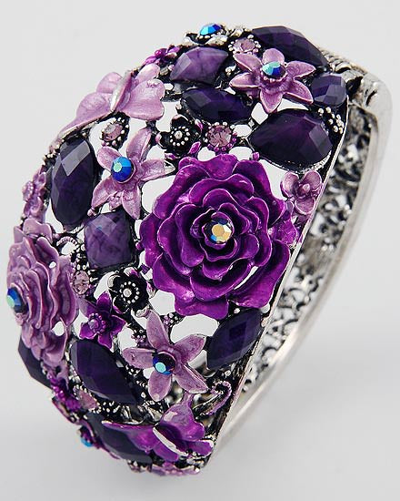 Purple Flower, Butterflies and Rhinestones Hinged Bracelet