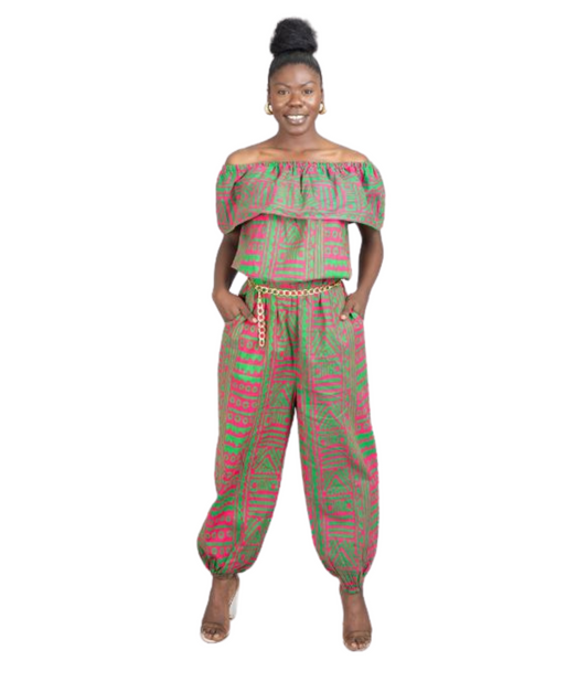 Pink and Green Authentic African Print Off-shoulder Jumpsuit with pockets