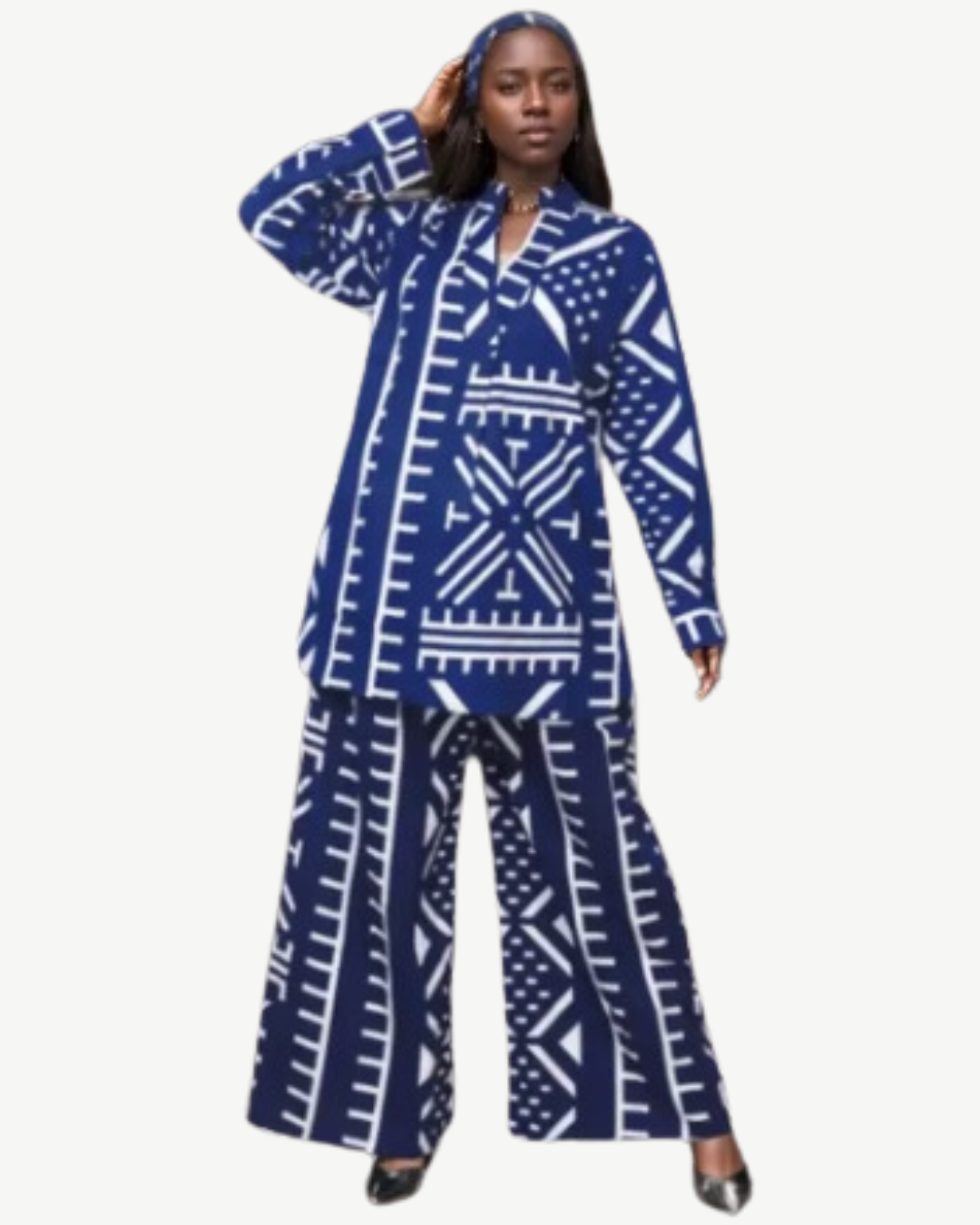 Navy and White Authentic African Two-Piece Pant Set