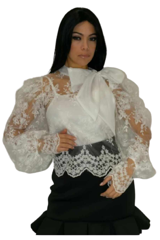 White Long Sleeve Lace Top with Ruffled Tiered Sleeves and Bow Tie