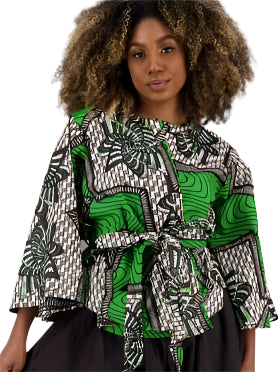 Green and Black Three-Quarter Length African Print Bell Sleeved Jacket