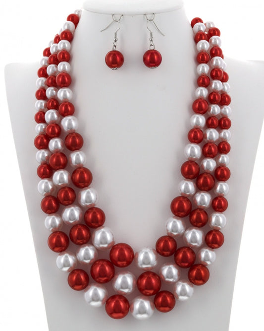 Red and White 3 Strands Pearl Graduating Necklace & Earring Set 