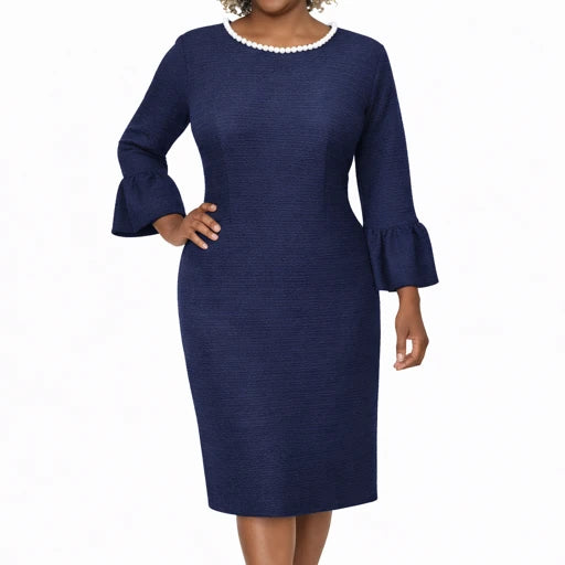 Navy Blue Dress with Pearl Embellished Neckline and Bell Sleeves
