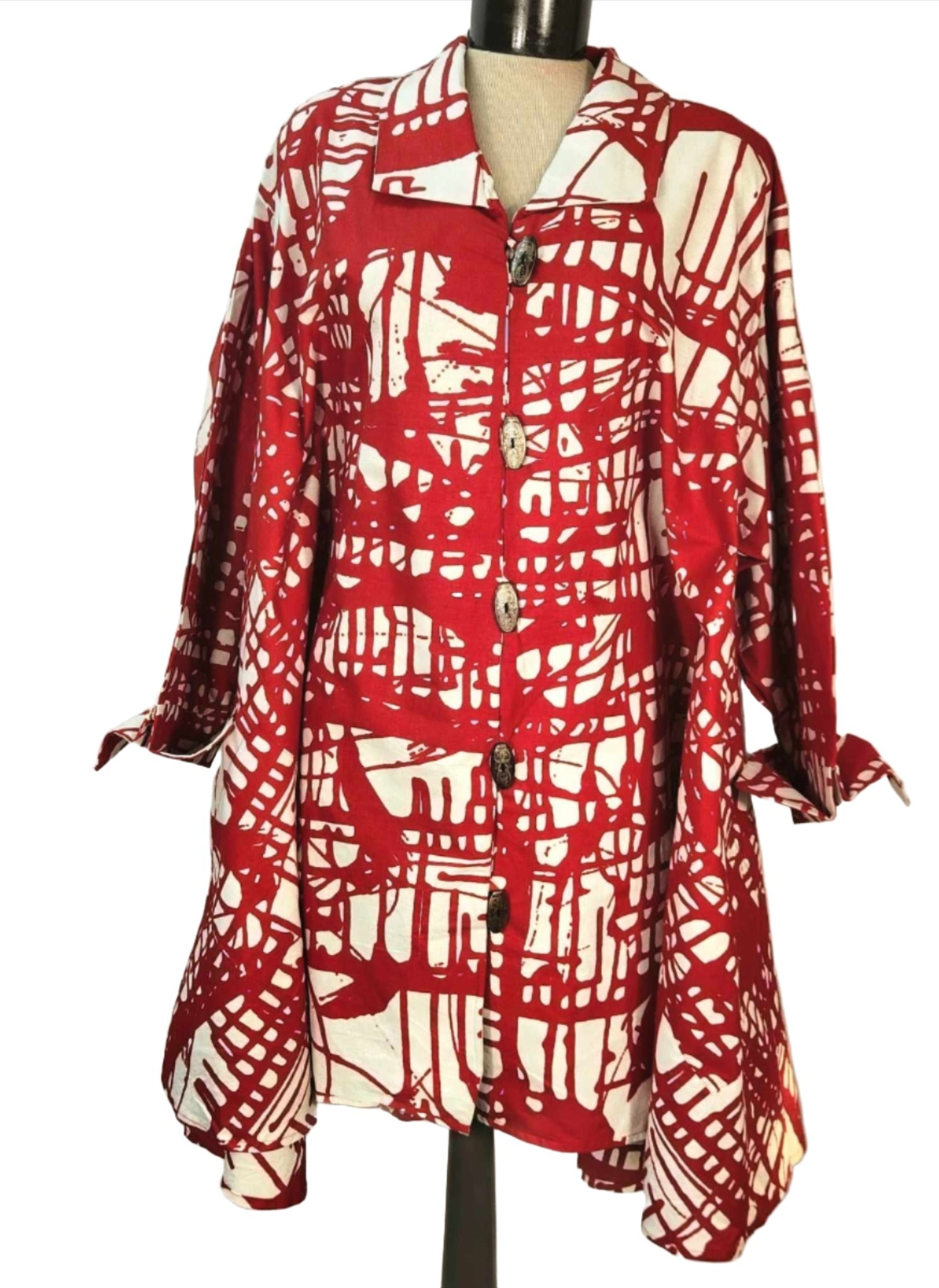 White with paint brush red print tunic dress