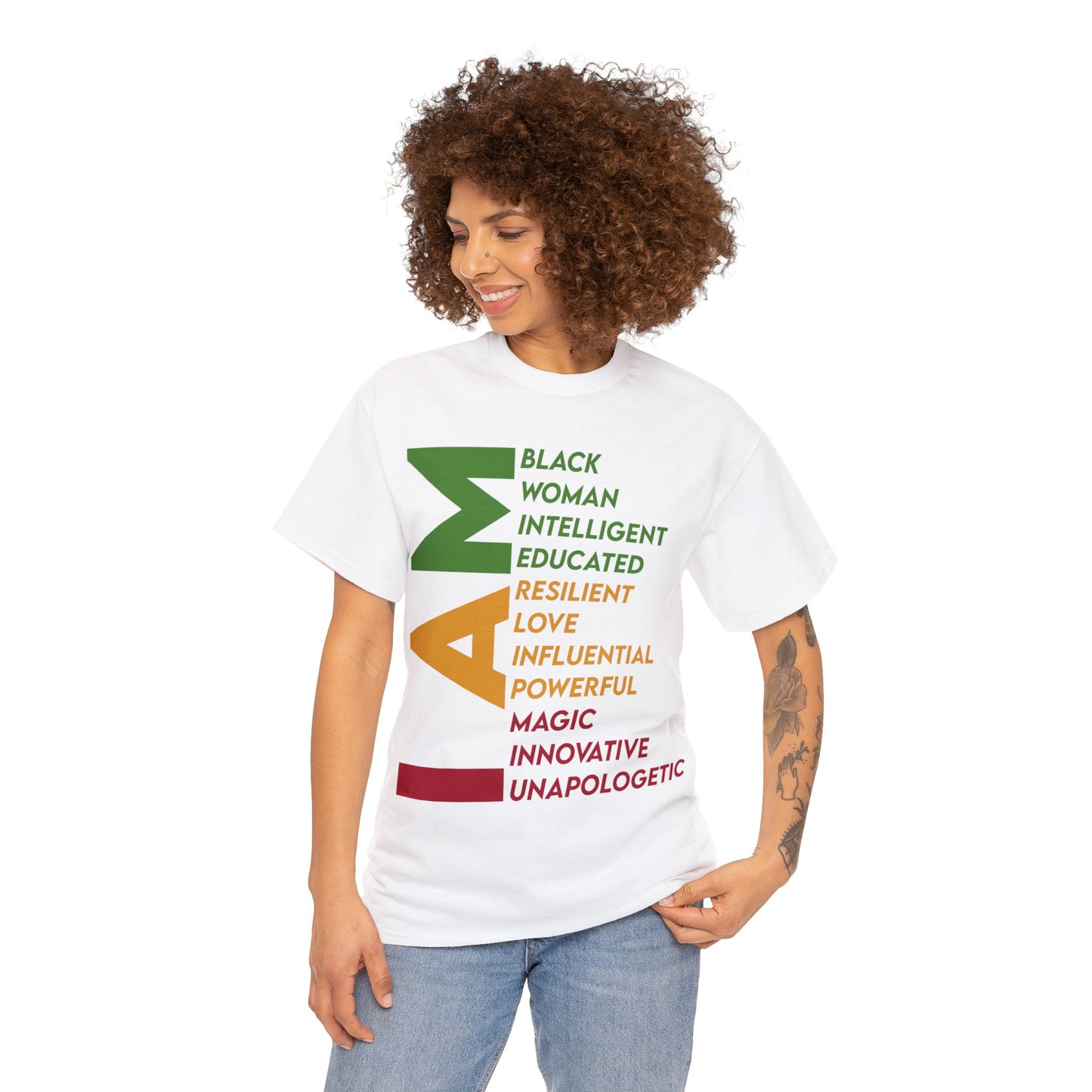 White Unisex Heavy Cotton Tee saying "I AM: Black Woman, Intelligent, Educated, Resilient, Love, Influential, Powerful, Magic, Innovative, and Unapologetic."