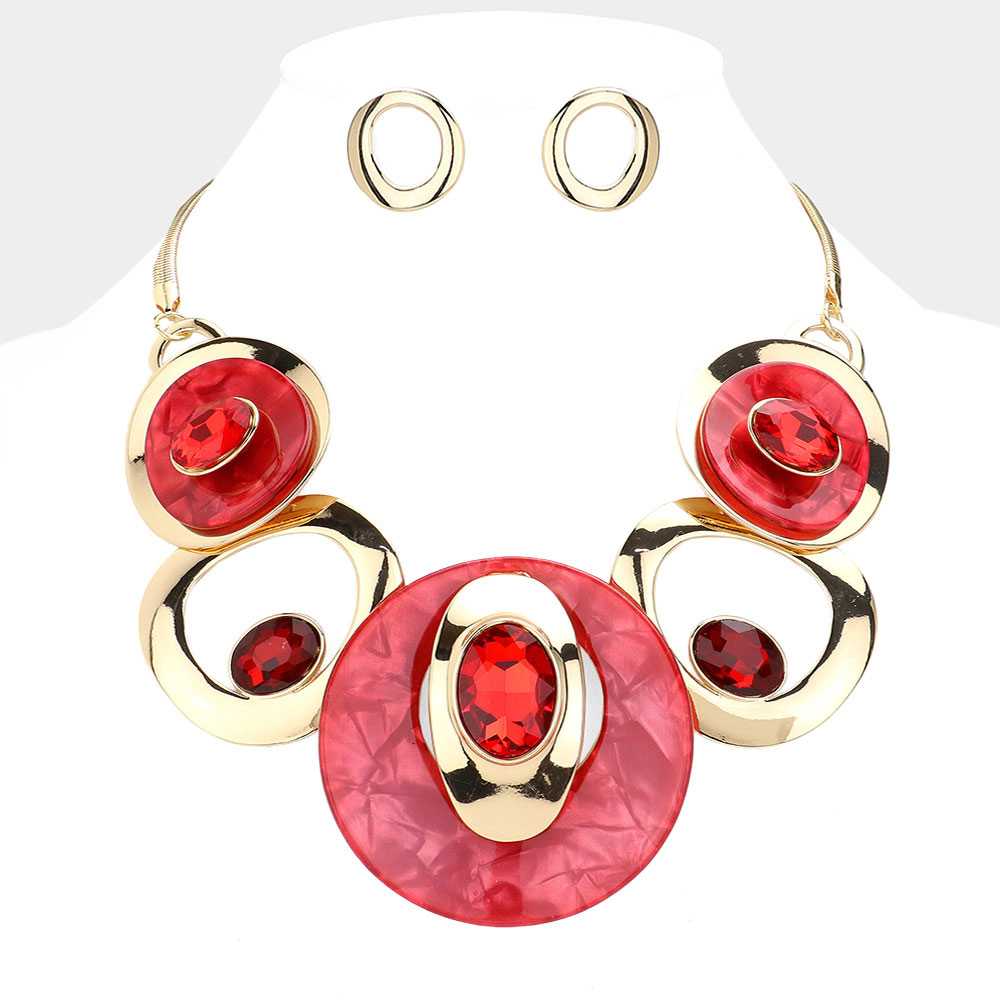 Red and Gold bejeweled/marble effect necklace and earring set