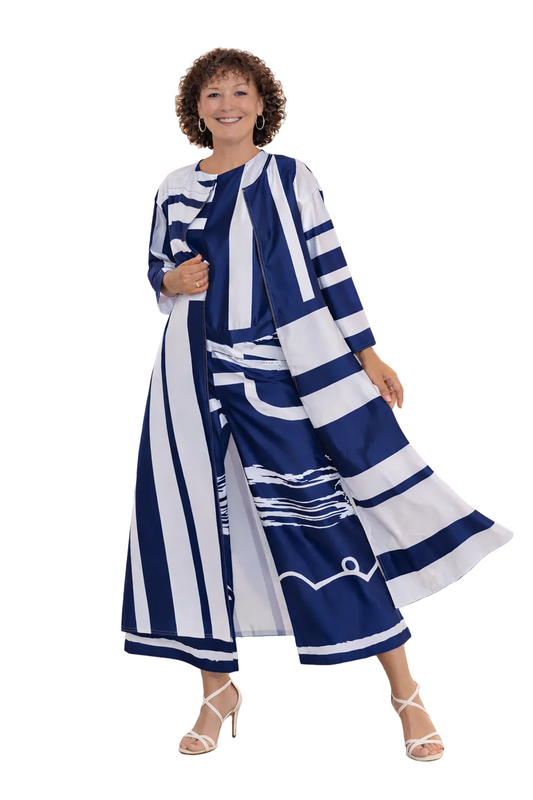 Navy & White 3-Piece Pant Set with Duster