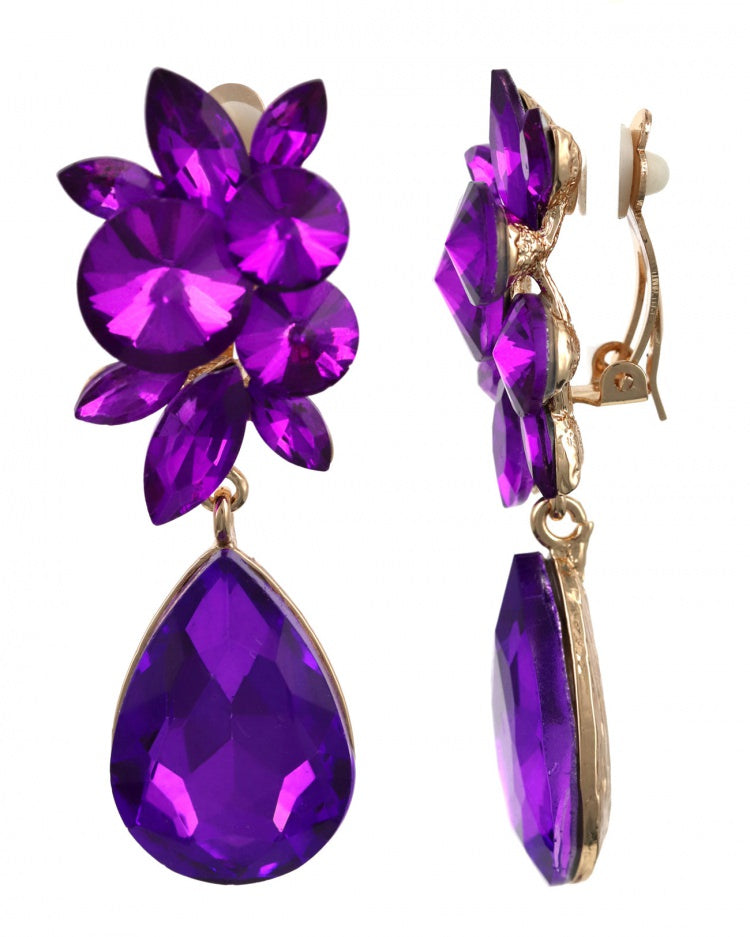Purple Stone Teardrop Dangle Earring clip Set