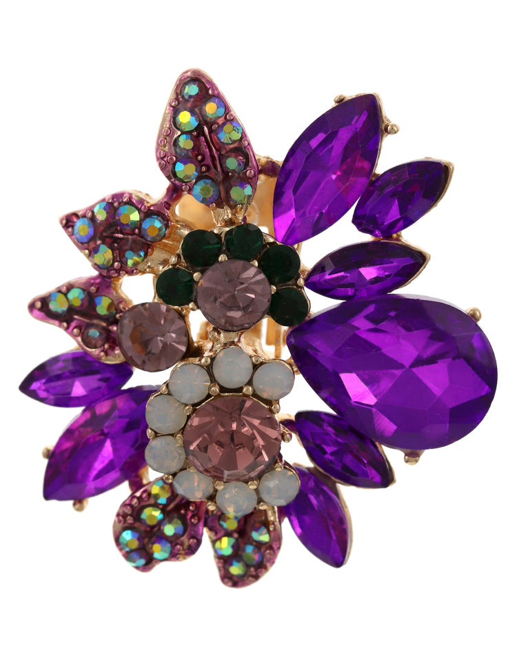 Purple Floral Multi-color Glass Stone Stretch Ring