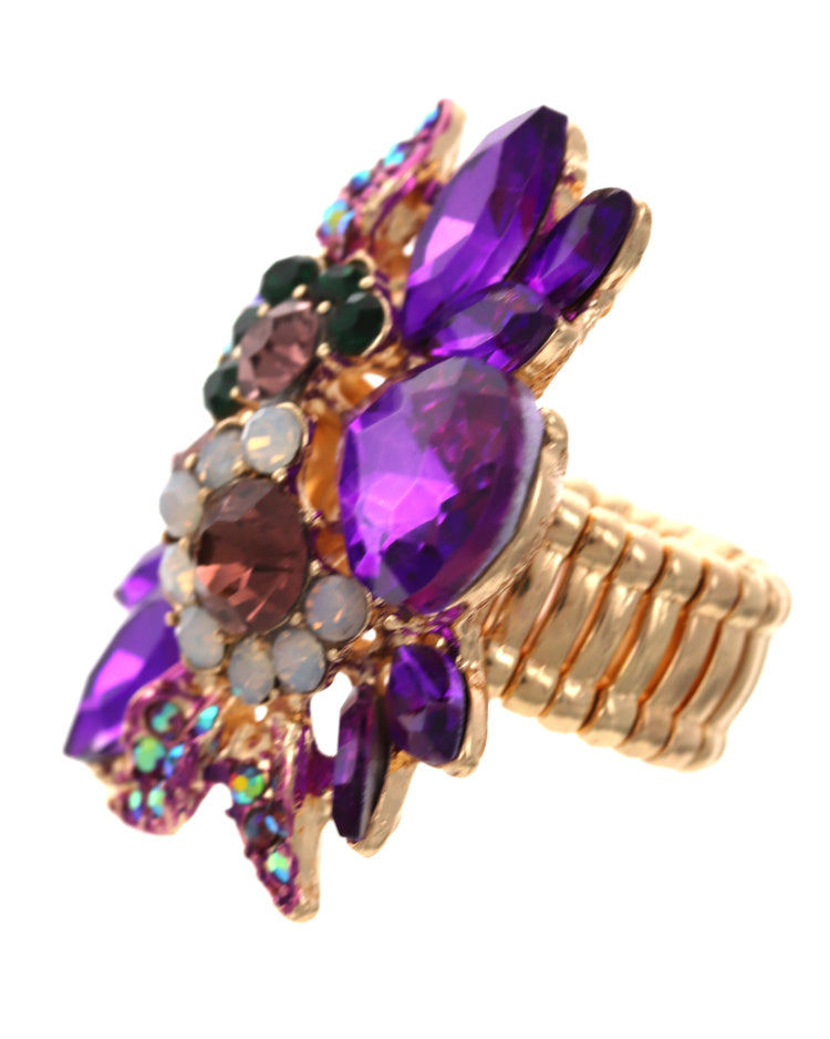 Purple Floral Multi-color Glass Stone Stretch Ring