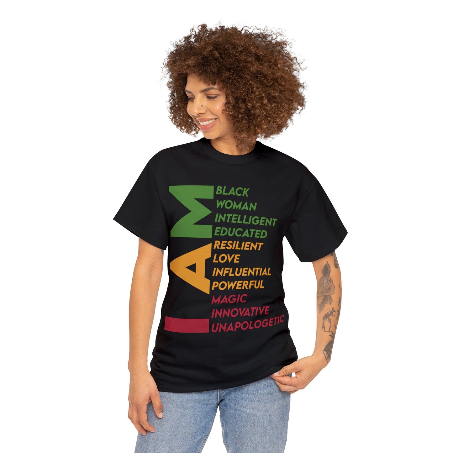 Black Unisex Heavy Cotton Tee saying "I AM: Black Woman, Intelligent, Educated, Resilient, Love, Influential, Powerful, Magic, Innovative, and Unapologetic"