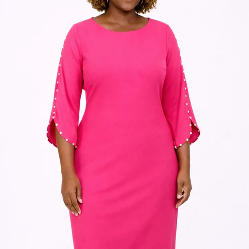 Pink Scuba Crepe Dress with Pearl Embellished Sleeves | Elegant Formal Wear